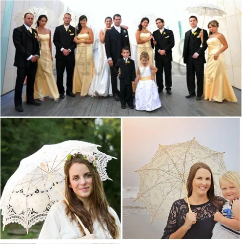 Vista 3 de Sombrilla de encaje para boda de algodón blanco con mango de madera para decoración