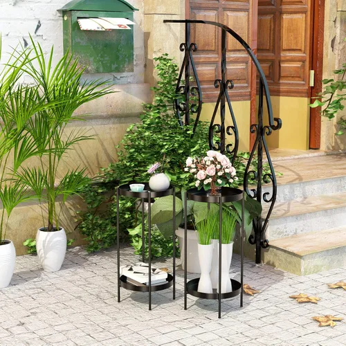 Vista 4 de OVICAR Soporte para plantas para interiores y exteriores, organizador de macetas de metal, 2 niveles de alto, estante de almacenamiento para el Negro