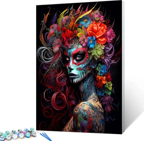 Vista 9 de Pintura por números retrato de niña con sombrero de mago Tucocoo, pintura DIY en lienzo con pinceles, pinturas acrílicas, calabaza de Halloween