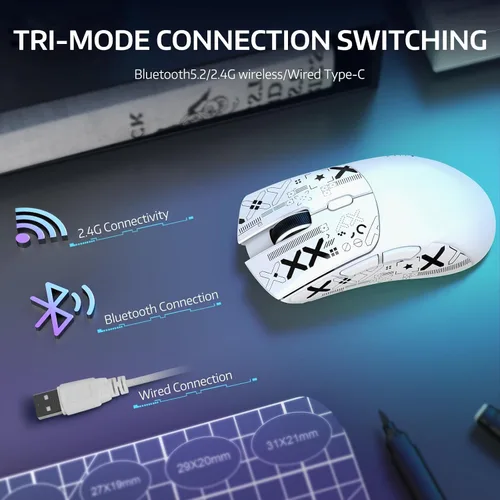 Vista 3 de ATTACK SHARK R1 Ratón inalámbrico para juegos, conexión tri-modo (2.4G/con cable/BT5.2), 55g de peso ligero, sensor óptico de 18K DPI, vida útil