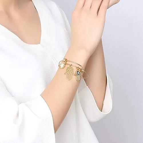 Vista 6 de Pulsera de acero inoxidable con dije de mal de ojo, buena suerte, Hamsa, mano de Fátima, regalo para mujer, Acero inoxidable