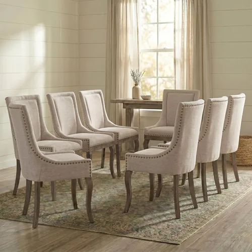 Vista 21 de Juego de 2 sillas de comedor tapizadas, sillas de cocina de tela con ribete de cabeza de clavo, sillas de cocina y comedor con respaldo alto, patas