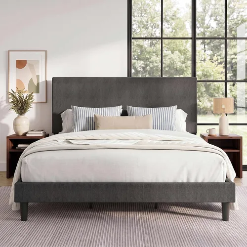 Vista 14 de SHA CERLIN - Base de cama con plataforma de tamaño completo con cabecera ajustable y soporte de listones de madera, base de colchón tapizada