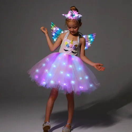 Vista 2 de Disfraz de princesa de unicornio para niñas con luz LED, para cumpleaños, Navidad, fiestas, regalos, con diadema