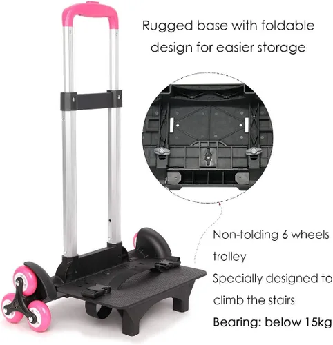 Vista 3 de Carrito de mochila Carrito plegable de aleación de aluminio con ruedas para mochila rosa 2 ruedas