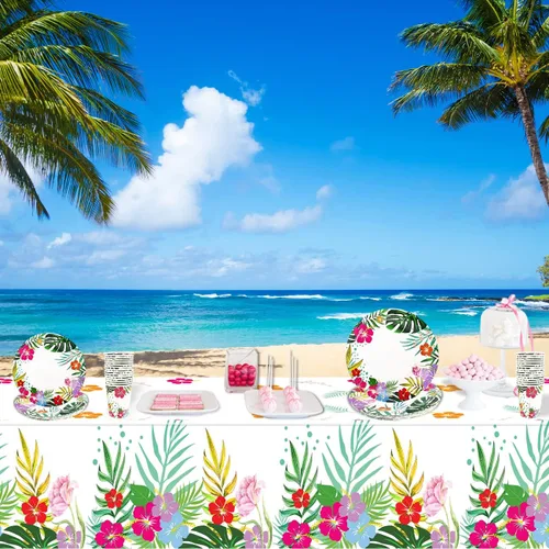 Vista 6 de 121 piezas de decoraciones hawaianas de Luau para fiesta, suministros de vajilla Aloha Tropical para fiesta, incluyendo platos, servilletas, tazas