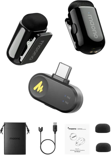 Vista 14 de MAONO Wave T1 Mini Micrófono Inalámbrico Lavalier para iPhone iPad con Enchufe Lightning Certificado MFi, Cancelación de Ruido, Filtro de Voz AI