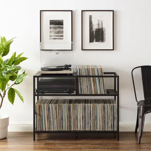 Vista 6 de Crosley Furniture Provo - Soporte para tocadiscos con almacenamiento para discos de vinilo, negro mate/marrón