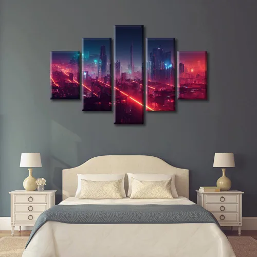 Vista 285 de Cuadros de 5 paneles de Cyberpunk City, arte de pared, representación de vallas publicitarias, edificios modernos en la capital con obras de arte