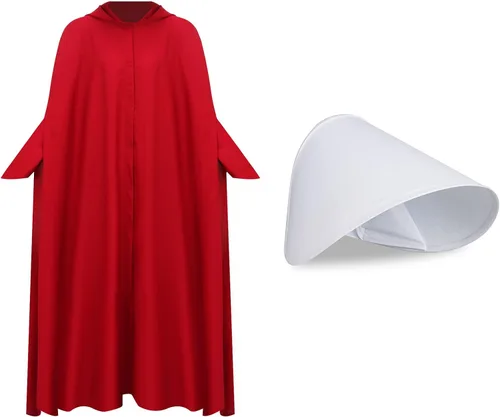 Vista 4 de Handmaid - Disfraz de cosplay de color rojo capa roja con capucha y gorro blanco para fiesta de Halloween Rojo