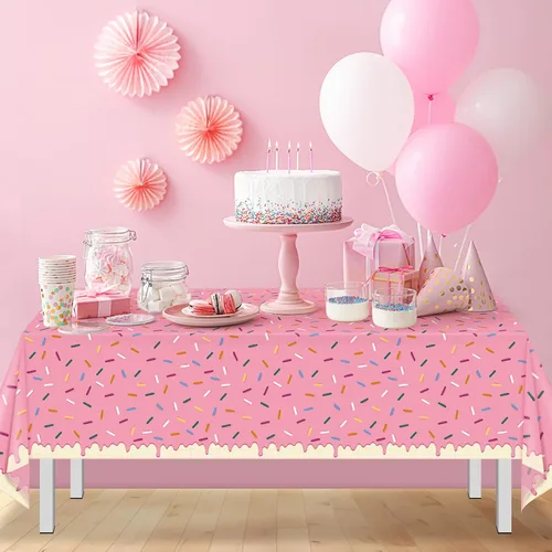 Vista 5 de 3 Piezas Mantel de Donas con Chispitas, Mantel de Mesa de Helado Rosa, Cubiertas de Mesa Rectangulares de Plástico Desechable para Niña Bebé Dulce