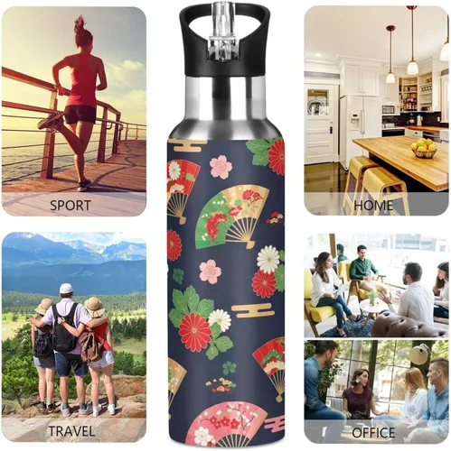 Vista 5 de Japanese Fans Vintage Insulated Stainless Steel Water Bottle with Straw 20 Oz, BPA-Free Sports Water Bottle with Straw Leakproof Water Bottles