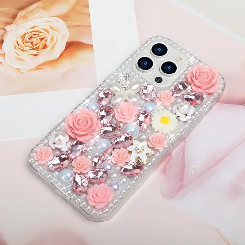 Vista 3 de Compatible con iPhone 15 Pro Max Bling Case con correa, de lujo con diamantes de imitación de diamantes de imitación brillantes, pulseras florales