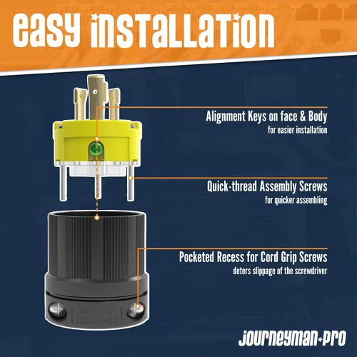 Vista 3 de Journeyman-Pro 2611 30 amperios, 125 voltios, NEMA L5-30P, 2P, 3W, conector de enchufe macho de bloqueo, grado industrial negro, clasificación