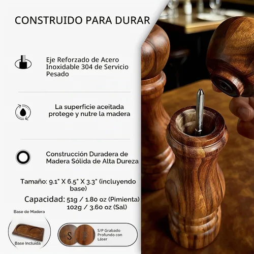 Vista 6 de Juego de molinillo de sal y pimienta de madera, molinillo manual de sal y pimienta con núcleo de cerámica/acero inoxidable, molinillo de sal
