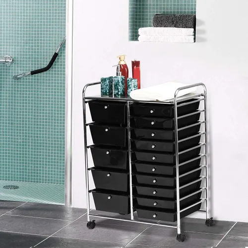 Vista 2 de Carrito de almacenamiento rodante de 15 cajones, carrito de utilidad móvil con ruedas con candado, cajones, carrito organizador multiusos para Negro