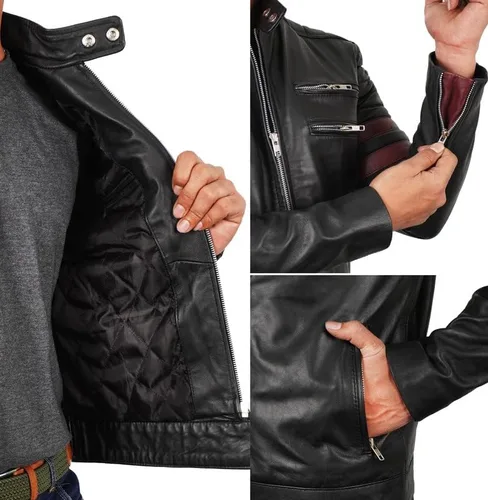 Vista 5 de Chaqueta de cuero de motociclista negra con rayas rojas para hombre