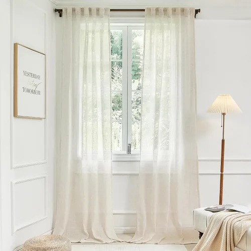 Vista 12 de 2 paneles de cortinas de lino transparente natural de 45 pulgadas, color beige para ventanas pequeñas, bolsillo con pestaña trasera, cortinas cortas
