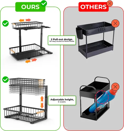 Vista 6 de Paquete de 2 organizadores para debajo del fregadero de la cocina, organizador de gabinete extraíble de 2 niveles, organizador de metal debajo