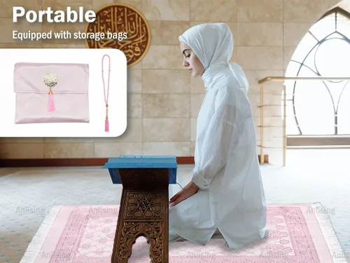 Vista 5 de Anlising Tapete de oración musulmana con cuentas de oración y bolsa de tela, alfombra de oración islámica, alfombra de oración plegable