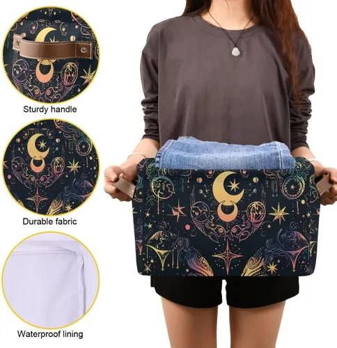 Vista 8 de Cesta de almacenamiento, astrología mística, símbolo oculto alrededor de la luna, lona duradera, plegable, caja de juguetes, contenedor organizador