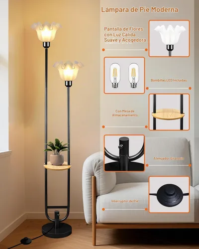 Vista 5 de Lámparas de Pie Regulables de Flores con Mesa, Lámpara de Pie Floral de 2 Luces, 3000K Blanco Cálido Estilo Candelabro Lámpara de Pie Moderna