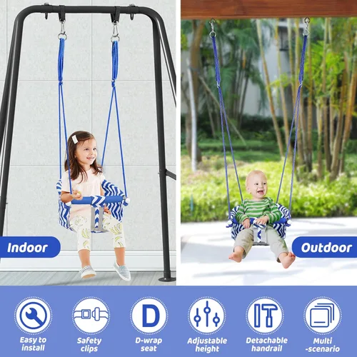 Vista 4 de Cómodo asiento de columpio para niños, columpio de bebé resistente, columpios de árbol colgantes de lona with Adjustable Rope, Safety Harness