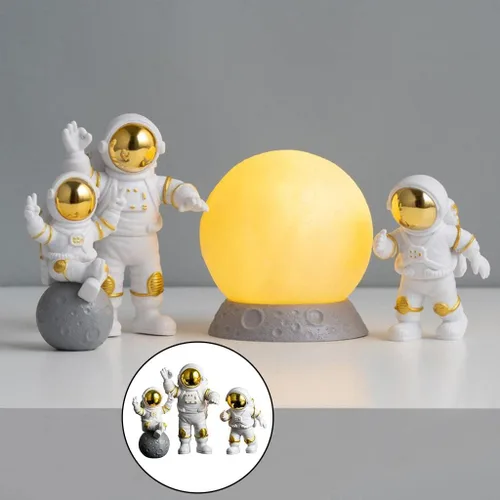 Vista 2 de 3 unids PVC astronauta estatuilla hombre espacial escultura abstracta decoración de la torta decoración del hogar niño regalo de cumpleaños (dorado)