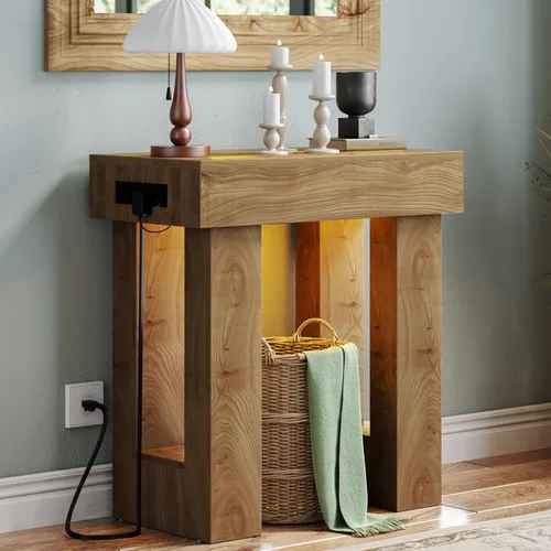 Vista 9 de Unikito Mesa de entrada de 32 pulgadas con enchufe y sensor de luz, mesa consola estrecha con almacenamiento detrás del sofá, mesa de entrada
