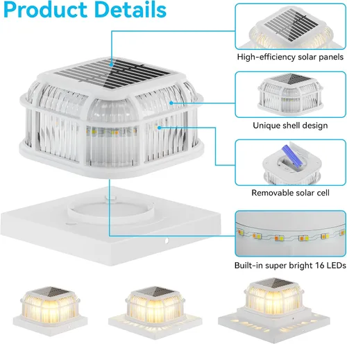 Vista 6 de Paquete de 6 luces solares para poste con base de 4 x 4, 5 x 5 y 6 x 6 pulgadas para postes de vinilo/madera, 16 LEDs brillantes luces solares