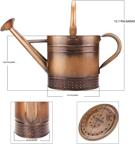 Vista 6 de Regadera de metal de 1 galón con boquilla extraíble, bonita lata de agua de acero galvanizado con diseño en relieve para plantas