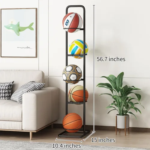 Vista 3 de Estante de almacenamiento vertical para bolas, soporte organizador deportivo ajustable de 5 niveles para baloncesto, fútbol, voleibol y más