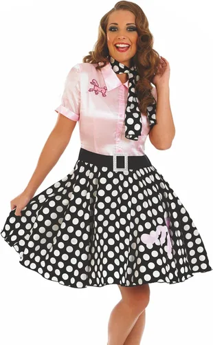 Vista 2 de fun shack Trajes de calcetín hop de 1950 para mujer, disfraces de los años 50 para mujer, vestido de falda de caniche, disfraces de Halloween