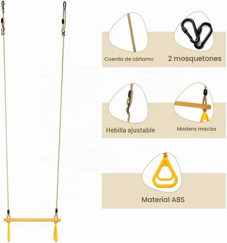 Vista 3 de Trapecio de madera con anillos de gimnasio de plástico, barra de columpio de trapecio con cuerda ajustable para patio de recreo interior, juego