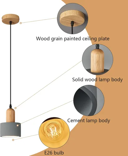 Vista 6 de Luces Colgantes Modernas de Cemento Gris Araña Lámparas de Techo de Madera para Isla de Cocina Dormitorio Comedor Sala de Estar Bar (Paquete de 2)