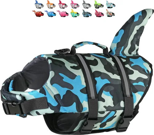Vista 16 de Dogcheer - Chaleco salvavidas para perros, lindo diseño de tiburón para natación y navegación con flotabilidad superior y asa de rescate, chaleco
