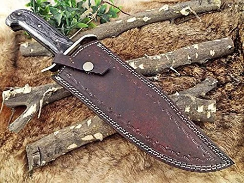 Vista 5 de Cuchillo Bowie de caza de acero de Damasco forjado a mano de 15 pulgadas, madera de dólar negro de 2 tonos con protector de dedo de latón, funda
