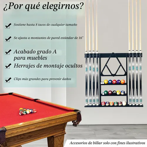 Vista 6 de Soporte para taco de piscina de montaje en pared, estante de madera maciza negro para 8 tacos