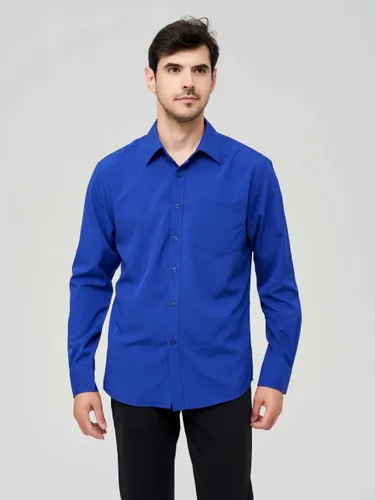 Vista 3 de corfty Camisa de vestir de manga larga para hombre, ajuste regular, elástica, sin arrugas, casual, con botones