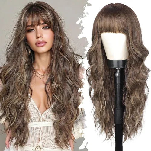 Vista 14 de Lativ Peluca castaña con flequillo para mujer, larga, ondulada, sintética Beginner Friendly,Natural Looking,Silky Smooth Texture,Heat Resistant