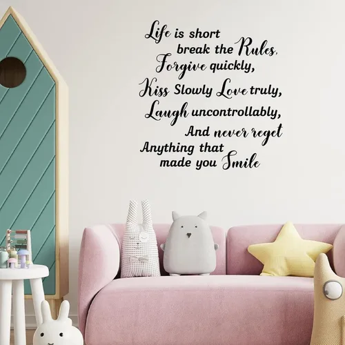 Vista 3 de Pegatinas de vinilo con cita de pared Life is Short Break The Rules - Calcomanías motivacionales para decoración de pared del hogar