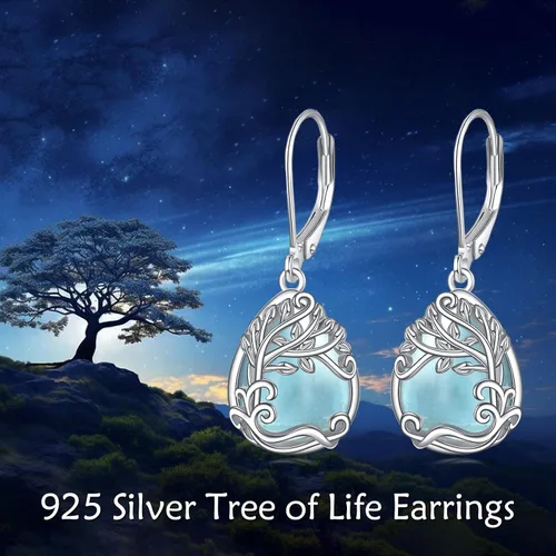 Vista 170 de Aretes colgantes con forma de lágrima de filigrana de piedra lunar de plata de ley 925 con cierre de palanca para mujer, regalos de joyería