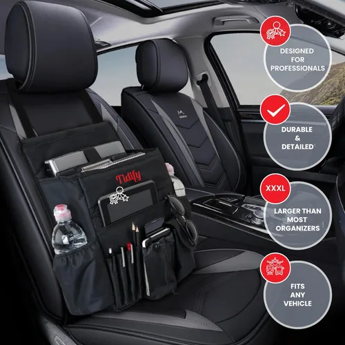 Vista 3 de Tidify Organizador de Asiento Delantero de Coche [2025 ACTUALIZADO] con Almacenamiento Dedicado para Tablet y Laptop, Correas Laterales
