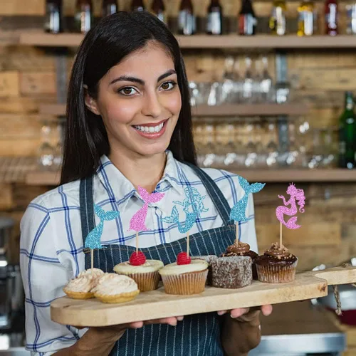 Vista 4 de 12 adornos para cupcakes con temática de cola de sirena, decoración de fiesta de cumpleaños