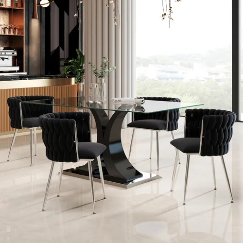 Vista 2 de Juego de comedor moderno de vidrio de lujo de 5 piezas, juego de cena rectangular minimalista grande para 4, juego de mesa de cocina de vidrio