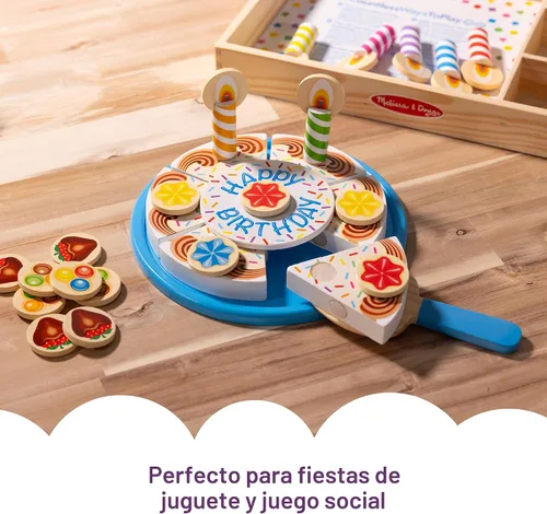 Vista 4 de Melissa & Doug, pastel de fiesta de cumpleaños, juego con alimentos, mezclar y combinar, decoraciones para pastel y 7 velas