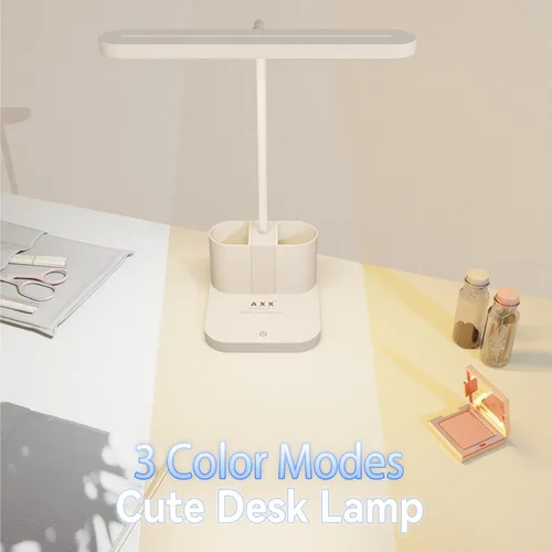 Vista 4 de AXX Lámpara de Escritorio Blanca para Dormitorio Universitario, Bonita, LED, Regulable, Pequeña, Portabolígrafos, Cuello de Ganso Flexible, Control