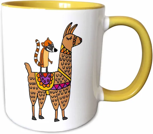 Vista 11 de 3dRose Cute Funny Coati Mundi Riding Llama cartoon 11oz Two-Tone Black Mug