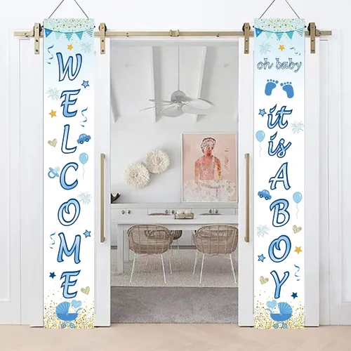 Vista 7 de Cartel de bienvenida para baby shower, 70.8 x 11.8 pulgadas, cartel de porche de Oh Baby It's a Boy, colgante de puerta para decoración de fiesta