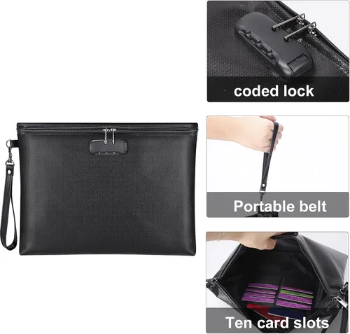 Vista 3 de Bolsa de documentos ignífuga con cerradura, 14.3 x 10.2 pulgadas, bolsa de dinero ignífuga e impermeable con cierre de cremallera, bolsa